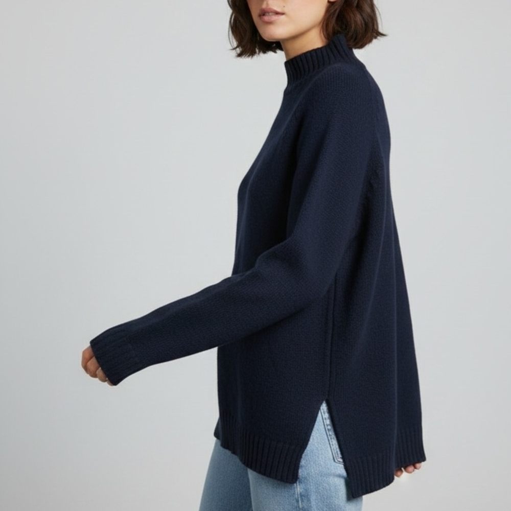 Theory Dark Blue 100% Wool Side Rib Turtleneck Sweater Size P - Picture 7 of 11